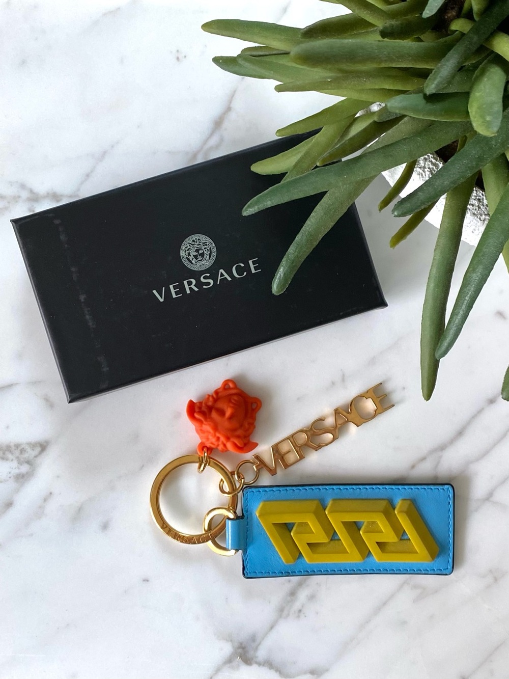 VERSACE - Blue & Orange Logo Keyring with Gold Tone Hardware with Original Box